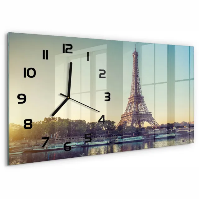 TULUP Wandklok - Eiffeltoren Parijs Klok Glas Met Opdruk - 60x30 cm - Geel Moderne Wandklok Glas - Zwarte handen - Rechthoekige Klok - Decoratieve Glazen Klok - Glazen Wandklok Design