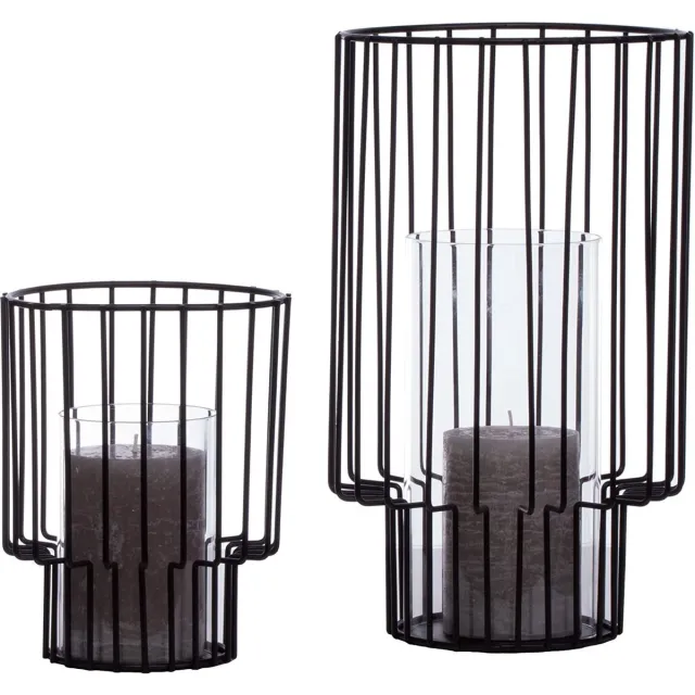 Design Decorations Kersthuisjebestellen - Set van 2 stuks - Metalen Lantaarn / Windlicht met Glazen Inzetstuk - H18 + 30cm - Kaarshouder zwart