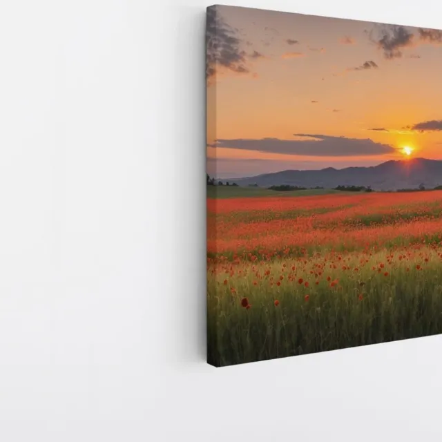 Saammp Canvas Schilderij - Rood bloemenveld met bergachtig landschap - Natuur - 40x40 - Foto op canvas - Wanddecoratie - Muurdecoratie Woonkamer - Slaapkamer decoratie - Canvas Print Multicolor