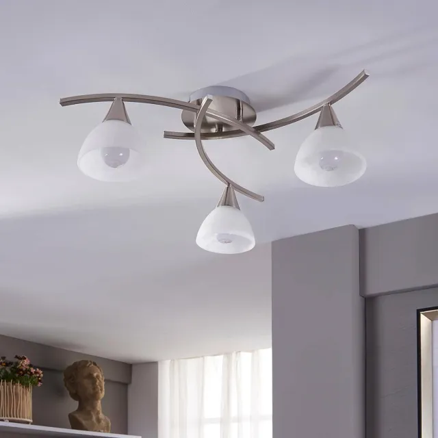 Lindby plafondlamp - 3lichts - Glas, metaal - H: 18 cm - E14 - wit, mat nikkel