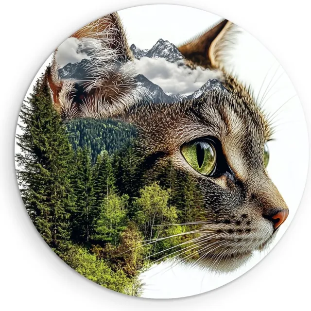 Saammp Muurcirkel Hout - Kat met bos doorkijk - Natuur - Dieren - Ø 80 - Wandcirkel - Wanddecoratie Cirkel - Muurdecoratie Woonkamer - Slaapkamer decoratie - Rond Schilderij