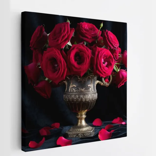 Saammp Canvas Schilderij - Rode Rozen in vaas - Natuur - Bloemen - 60x60 - Foto op canvas - Wanddecoratie - Muurdecoratie Woonkamer - Kantoor Decoratie Multicolor