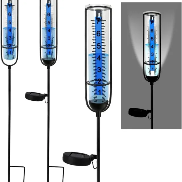 SNQ Regenmeter met 1 zonnelampje - Regenmeter voor buiten - Totale lengte ca. 72 cm - Afneembare grondpen - Grote, duidelijke cijfers - Geschikt voor tuinen, gazons en terrassen - Blauw, zwart