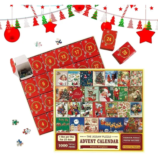 Flintry Kerst-adventkalenderpuzzel 2026 (1000 stukjes) voor volwassenen en kinderen – Aftellen naar Kerstmis (24 dagen) – Feestelijke huisdecoratie – Voor vrouwen, mannen, meisjes en jongens Stijl 2