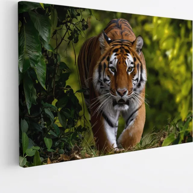 Saammp Canvas Schilderij - Tijger tussen de bladeren - Natuur - Dieren - 30x20 - Foto op canvas - Wanddecoratie - muurdecoratie Woonkamer - Slaapkamer decoratie - Canvas Print Multicolor
