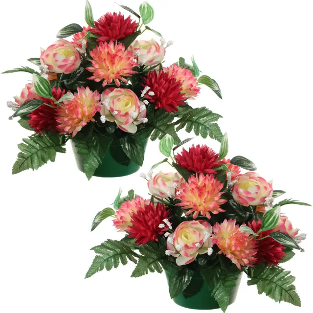 Louis Maes Kunstbloemen plantje in pot - 2x - multi kleuren - 25 cm - Bloemstuk ornament - ranonkels/asters met bladgroen