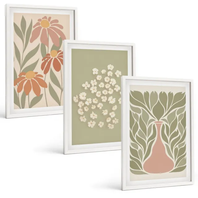 TULUP 3-Delige Schilderij Set - Bloemmotieven, minimalistische patronen, boho-stijl - 40x60 - Moderne Wanddecoratie - Woonkamer Witte lijst