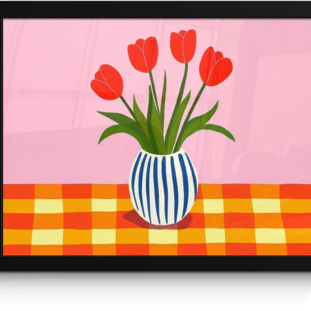 FrameYourWall Poster in lijst - Fotolijst 40x30 cm - Posters - Tulpen - Roze - Vaas - Posterlijst zwart - Decoratie - Wanddecoratie woonkamer - Muurdecoratie slaapkamer