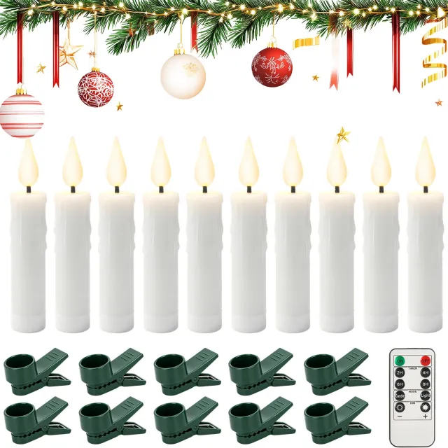 CHOOLY 10x LED Kaarsen met Clip Afstandsbediening - Warm Wit Flikkerlicht Timer Dimfunctie - Draadloos op 1x AAA Batterij per Kaars - Veilig & Vlamloos voor Kerstboom, Wreath & Feestdecoratie