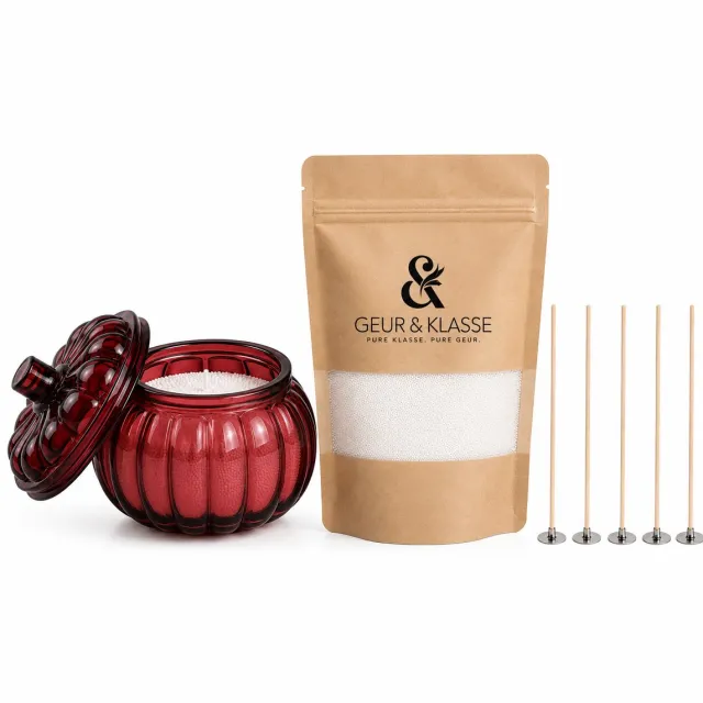 Geur & Klasse Kaarszand Starterset Rosé Glow – 250 g – Roze Glazen Pompoenhouder – Inclusief 5 Lontjes