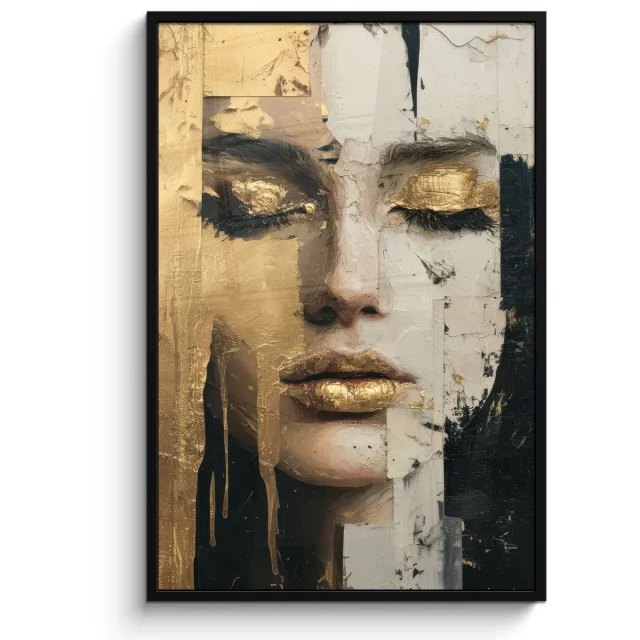 FrameYourWall Poster in lijst - Fotolijst 80x120 cm - Posters - Abstract - Goud - Gezicht - Lippen - Posterlijst zwart - Decoratie - Wanddecoratie woonkamer - Muurdecoratie slaapkamer Abstract - Gezicht - Lippen