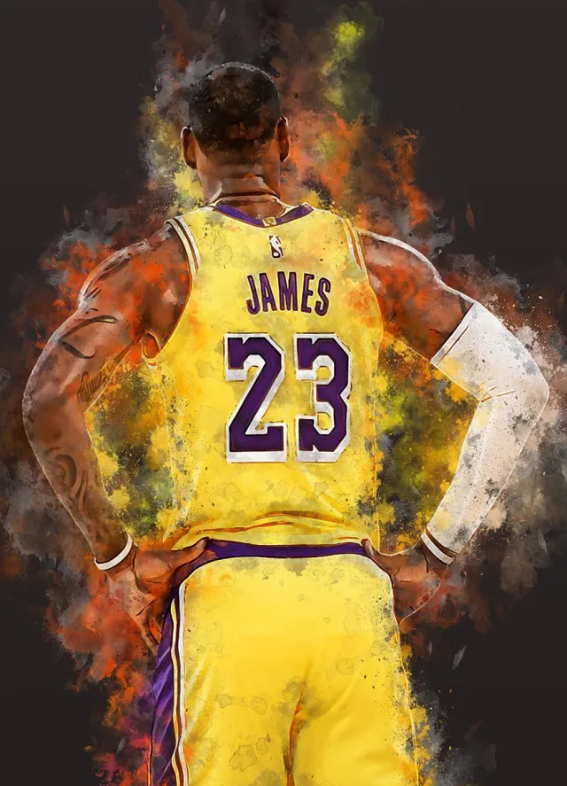 Wallofprints Lebron James A3 Semi-Glossy poster - 29.7x42 cm - Sport poster - Basketbal poster - Unieke poster van Lebron James in LA lakers tenue Donkergrijze achtergrondkleur