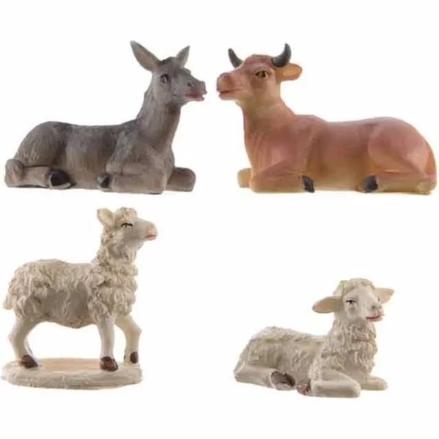 Decoris Kerststal dierenbeeldjes - 4x stuks - os - ezel - schapen - 9 cm - polystone - kerstbeeldjes dieren Multi