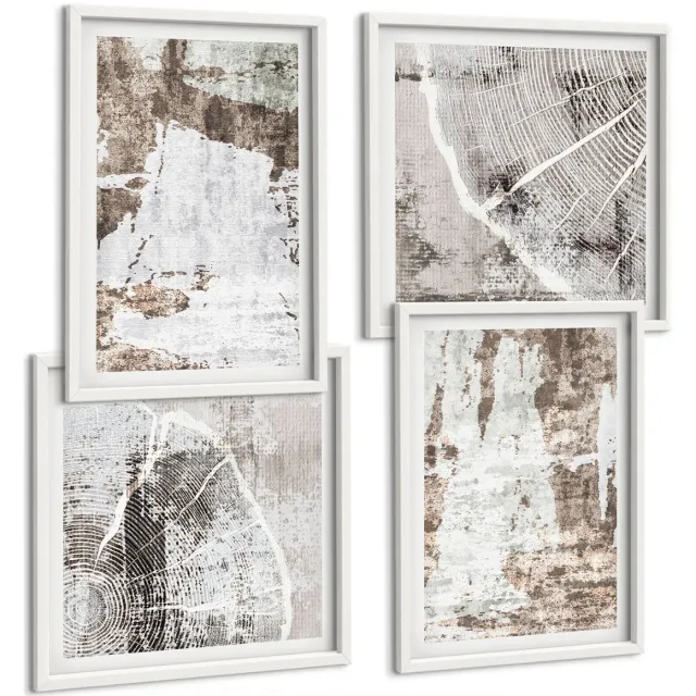 TULUP 4-Delige Schilderij Set - Abstracte patronen in tinten wit en bruin. - 40x40 en 40x60 - Wanddecoratie - Schilderijen Set - Interieur Witte lijst