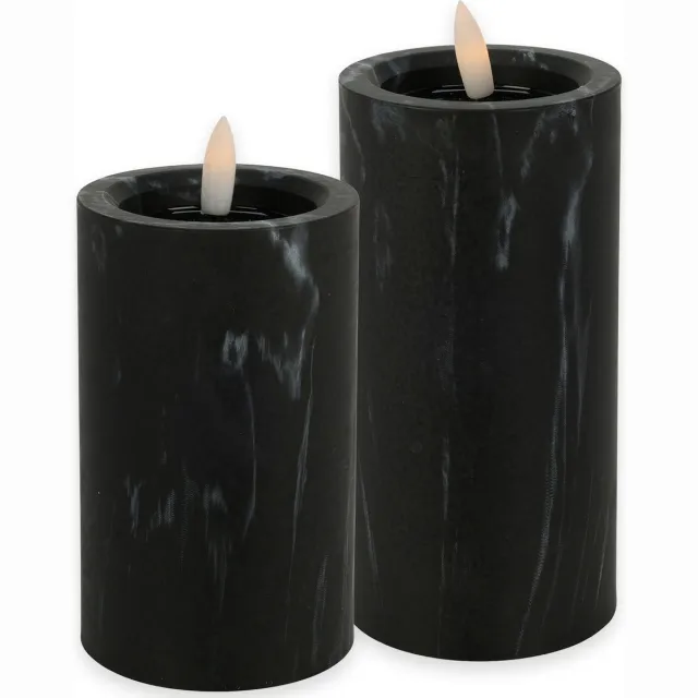 Countryfield LED kaarsen/stompkaarsen - set 2x - zwart marmer look - H12,5 en H15 cm - timer - warm wit