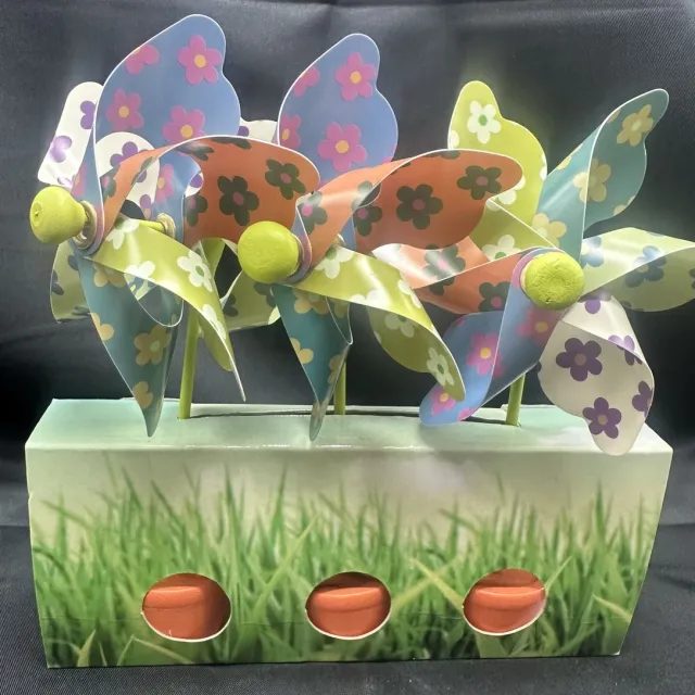 Impuls Set van 3 decoratieve windmolentjes in pot - kunststof+houten steker "multi-colour + bloemen"- meerkleurig + oranje potjes- dia 9 cm x hoogte 16 cm - Tuinaccessoires - tuinstekers Meerkleurig - multicolour + bloemen