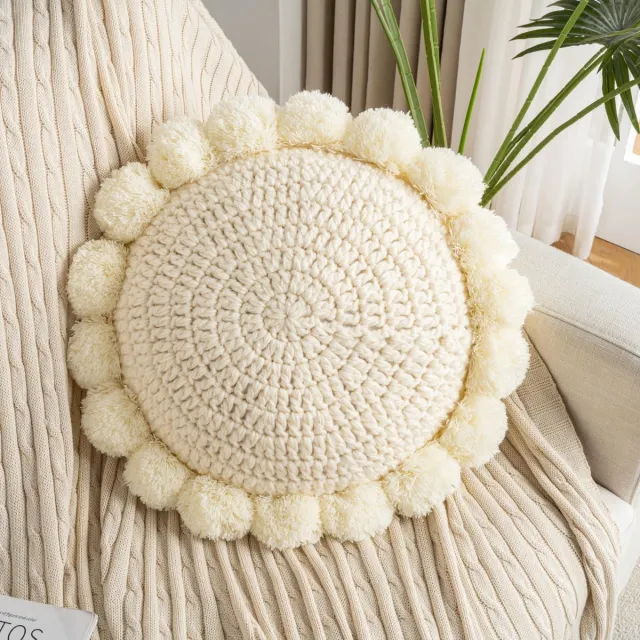 Ibenzoa Rond Boho Sierkussen 45cm Gehaakt Bodemkussen Met Pompon Kwasten Voor Bank En Bed beige