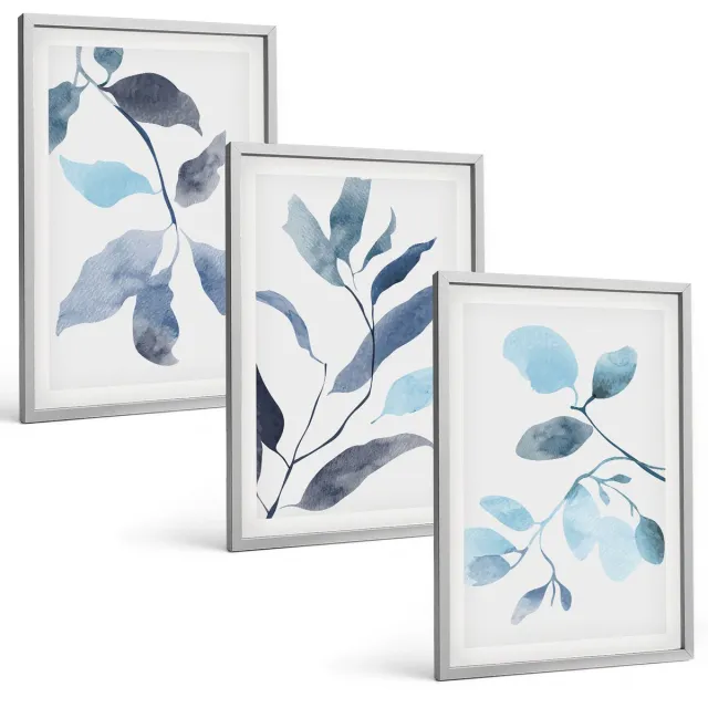 TULUP 4-Delige Schilderij Set - Blauwe bladeren op een lichte achtergrond in aquarelstijl - 40 x 60 cm - Schilderijen Set - Wanddecoratie - Woonkamer - Muurdecoratie Zilveren lijst