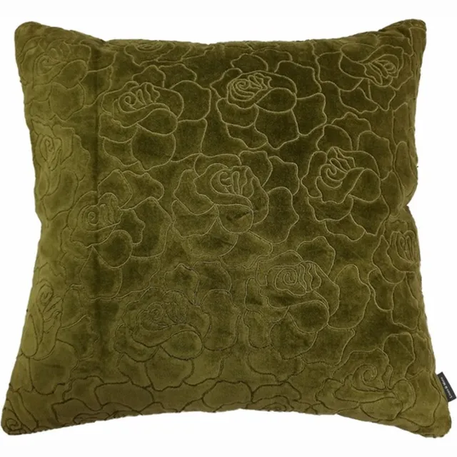 Linen & More Rose Embroidery Cedar Groen Kussen | 45 X 45 | Sierkussen Voor Woonkamer Of Slaapkamer