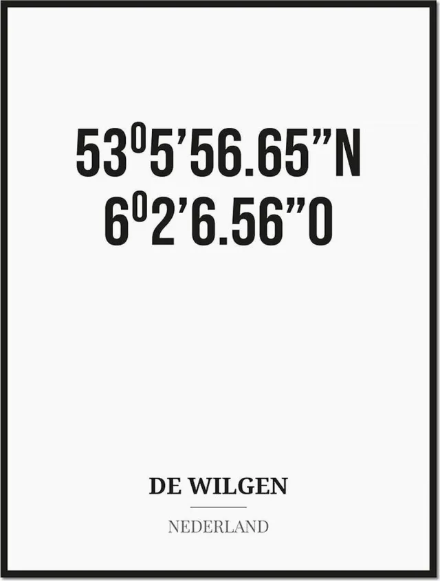 Studio216 Poster/kaart DE WILGEN met coördinaten zwart, wit
