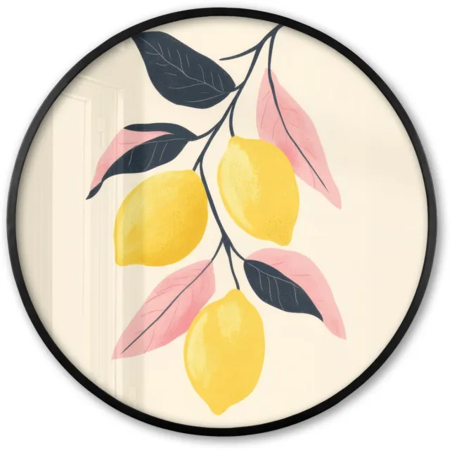 FrameYourWall Poster in lijst Rond - Fotolijst 80x80 cm - Posters - Citroenen - Felgeel - Tak - Bladeren - Ronde posterlijst zwart - Decoratie - Wanddecoratie woonkamer - Muurdecoratie slaapkamer Citroenen - Tak - Bladeren