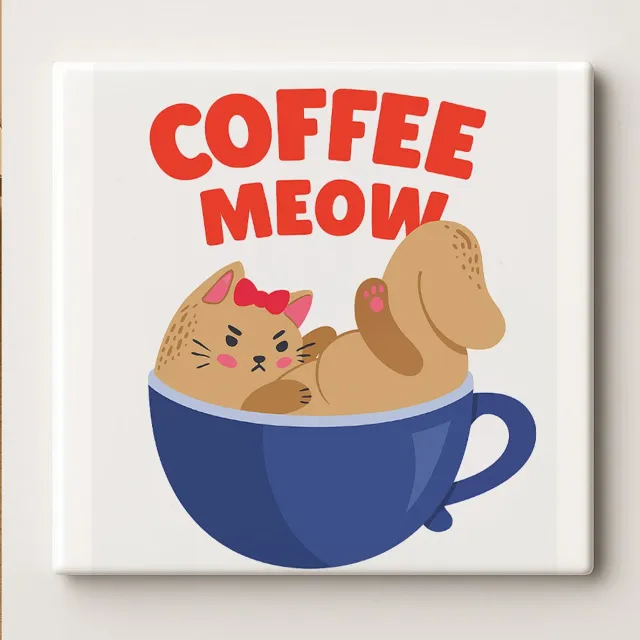 Nevolis Coffee Meow Keramische Tegel 15x15 cm – Schattig Katje in Koffiekop Ontwerp – Grappige Keukendecoratie Cadeau voor Katten- & Koffieliefhebbers Multi Color