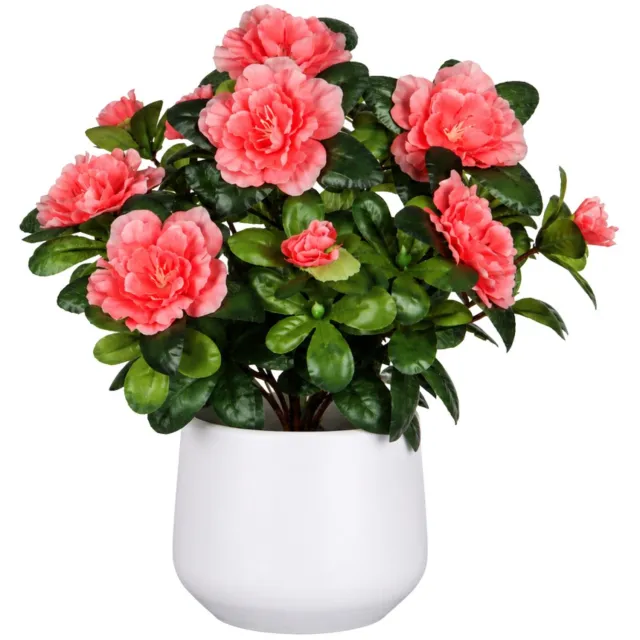 Mica Decorations Kunstplant - Azalea roze - H27 cm - in witte bloempot - keramiek - complete set van pot en plant - decoratie stuk