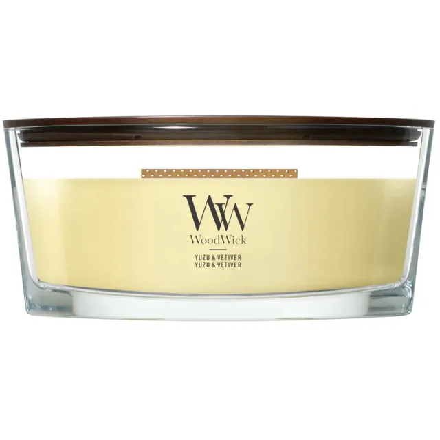 Woodwick Hearthwick - Yuzu Vetiver - Ellipse Geurkaars - 50 branduren Geel