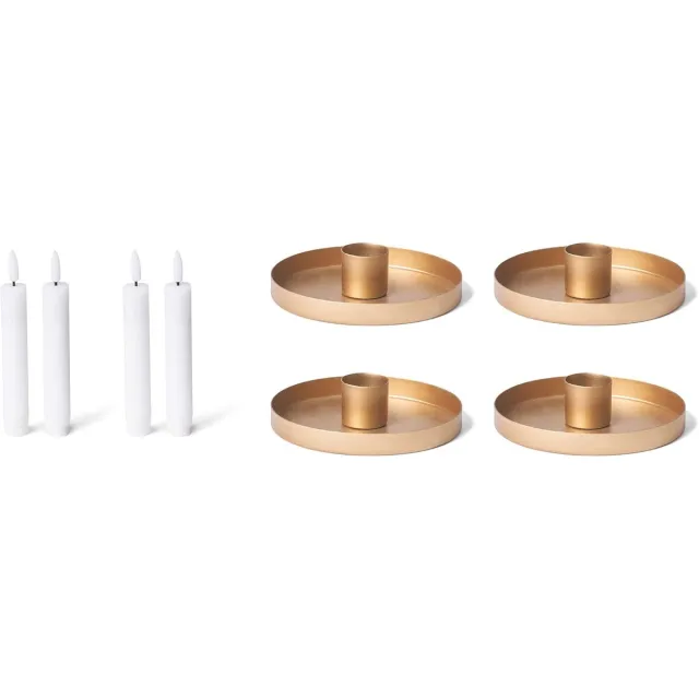 Novaliv 4x kaarsenhouders 6cm metalen stokkaarsen tafelkaarsen goud met LED staafkaars voor Adventskrans vlamloze kaars plaat kandelaar kersttafeldecoratie kaarsenhouder kaarsspeld