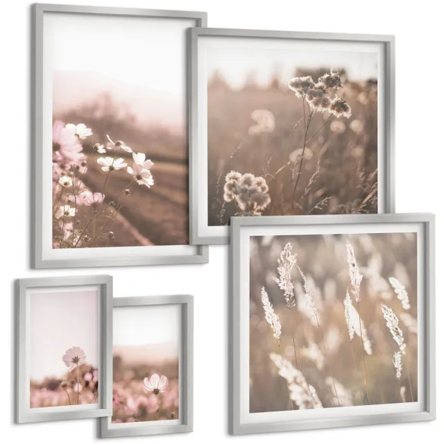 TULUP 4-Delige Schilderij Set - Bloemmotieven in delicate natuurlijke tinten - 50 x 50 cm, 20 x 30 cm en 40 x 60 cm - Wanddecoratie - Schilderijen Set - Interieur Zilveren lijst