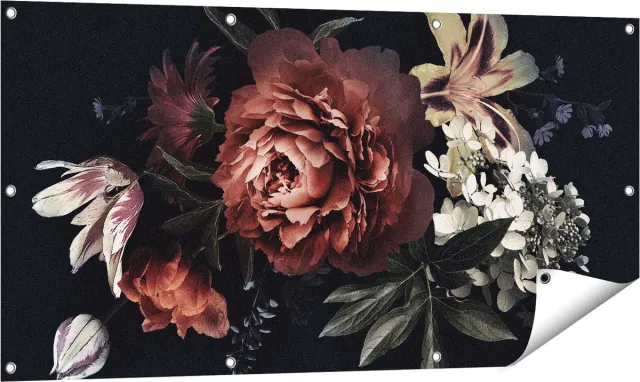 Gards Tuinposter Bloemen op een Zwart Achtergrond - 120x60 cm - Tuindoek - Tuindecoratie - Wanddecoratie buiten - Tuinschilderij Multikleur
