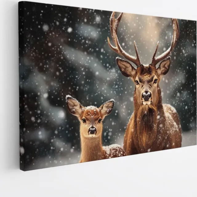 Saammp Canvas Schilderij - herten familie in de sneeuw - Natuur - Dieren - 60x40 - Foto op canvas - Wanddecoratie - Muurdecoratie Woonkamer - Slaapkamer decoratie - Canvas Print Multicolor