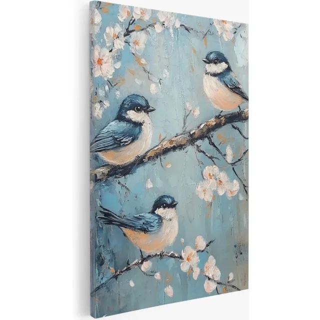 Saammp Canvas Schilderij - Abstract - 3 Vogels op takken - Natuur - Dieren - 20x30 - Foto op canvas - Wanddecoratie - Muurdecoratie Woonkamer - Slaapkamer decoratie - Canvas Print Multicolor