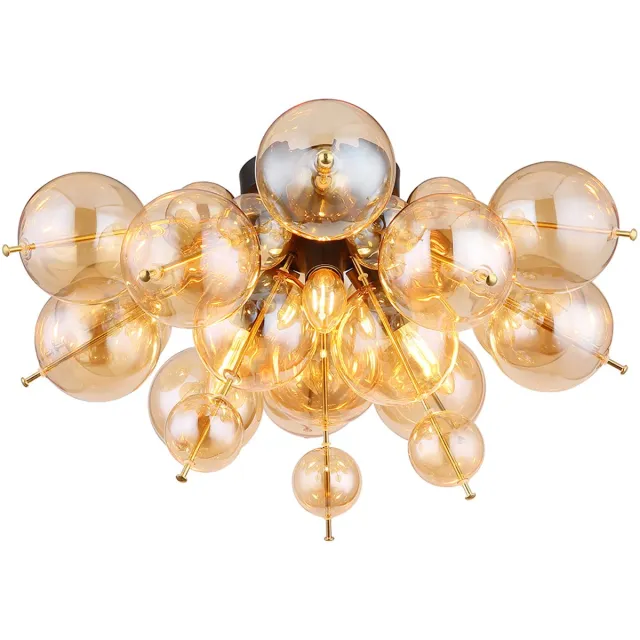 Globo Plafondlamp woonkamerlamp slaapkamerlamp eetkamerlamp hallamp, metalen glazen bollen amber goud, 3 vlammen E14, D 55 cm