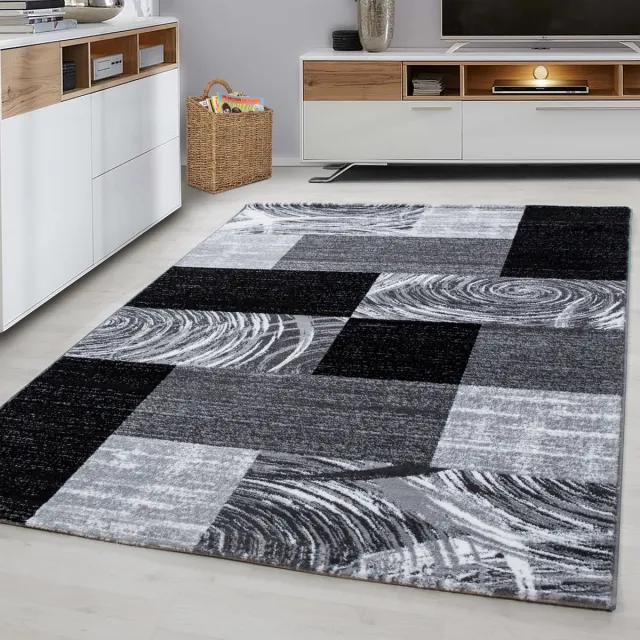 flycarpets Jaden Modern Vloerkleed Geblokt - Zwart / Grijs - 80x300 cm - Laagpolig Tapijt Loper