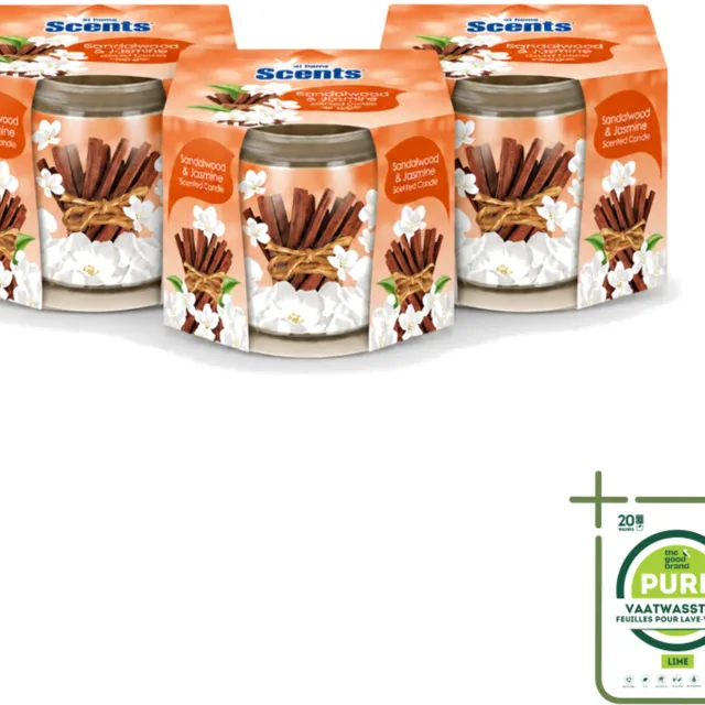 At Home 3 x At Home - Scents - Geurkaars - Sandalwood & Jasmin - 70 g - Grootverpakking - Vaatwasstrips - Geurkaars - Sandelhout - Jasmin - Geur - Rustgevende Geur Bruin