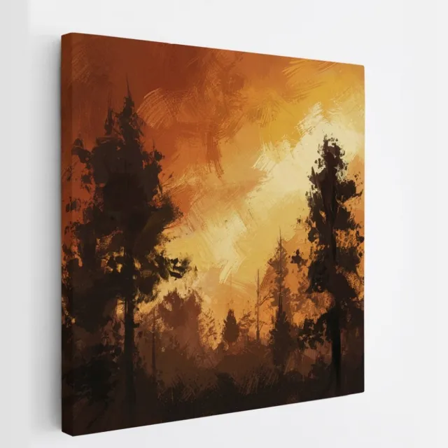 Saammp Canvas Schilderij - Oranje- Bomen - Abstract - Landschap - Natuur - 60x60 - Foto op canvas - Wanddecoratie - Muurdecoratie Woonkamer - Slaapkamer decoratie - Canvas Print Multicolor