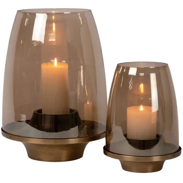 Atmooz Kaarshouder Renzo - Set van 2 - Windlichten van Glas - Ø 18 cm & Ø 26,5 cm - Stijlvolle Tafeldecoratie voor Stompkaarsen Amber - antiek messing