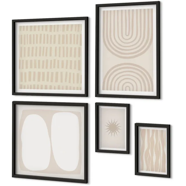 Coloray 5-Delige Schilderij Set - Stijlvolle Abstracte Vormen In Natuurlijke Tinten. - 50 x 50 cm, 20 x 30 cm En 40 x 60 cm - Muurdecoratie - Decoratieve Schilderijen - Wohnzimmer Zwarte lijst
