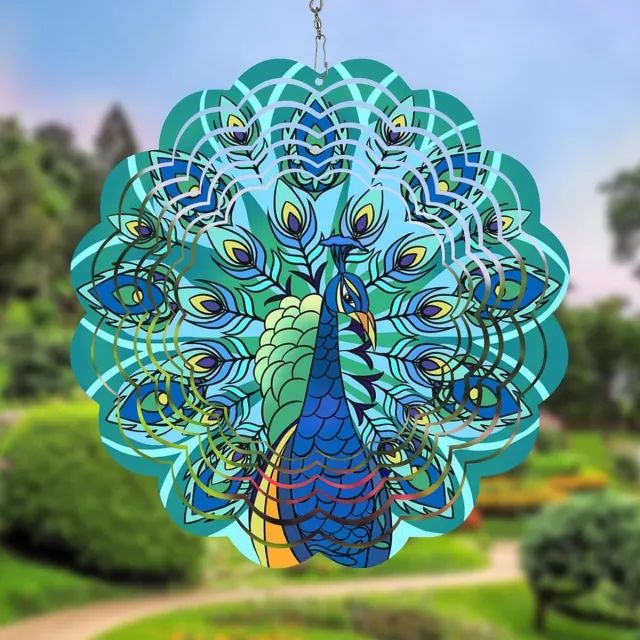 OEMG Pauw windspinner, 30×30×1 cm roestvrij staal, kleurrijke hangdecoratie voor tuin, vogelverjager met draaibare haak Groen