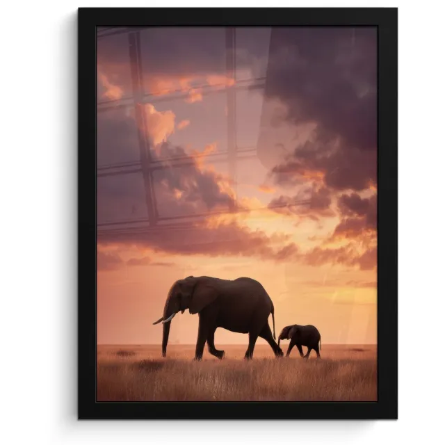 FrameYourWall Poster in lijst - Fotolijst 30x40 cm - Posters - Olifanten - Grasland - Zonsondergang - Posterlijst zwart - Decoratie - Wanddecoratie woonkamer - Muurdecoratie slaapkamer