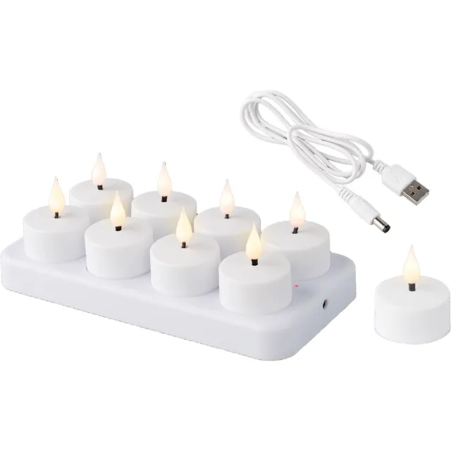 Lumineo Oplaadbare LED theelichtjes/waxinelichtjes - 8x st - wit - D4 cm - kaarsen - oplaadstation - met USB kabel