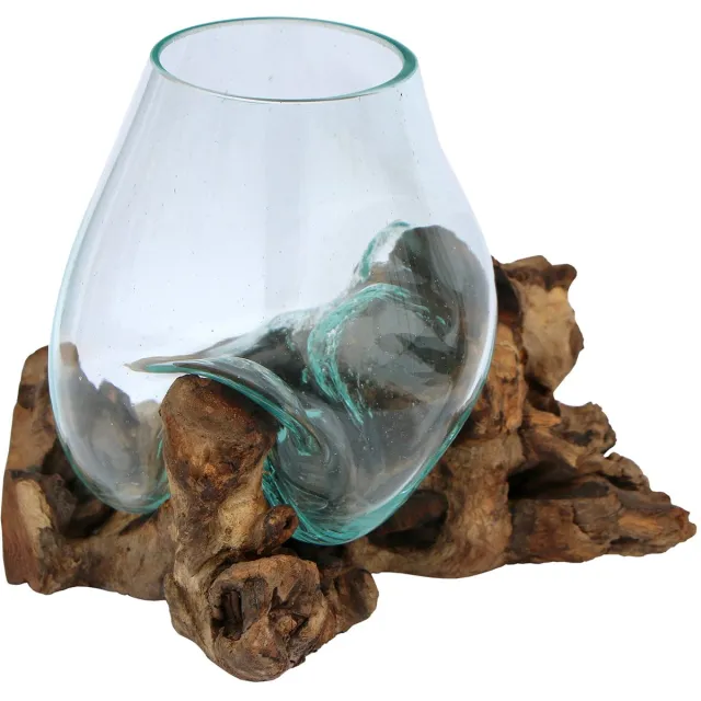 Unyqoos Unieke glazen vaas met natuurlijke wortelhouten basis voor stijlvolle decoratie bruin