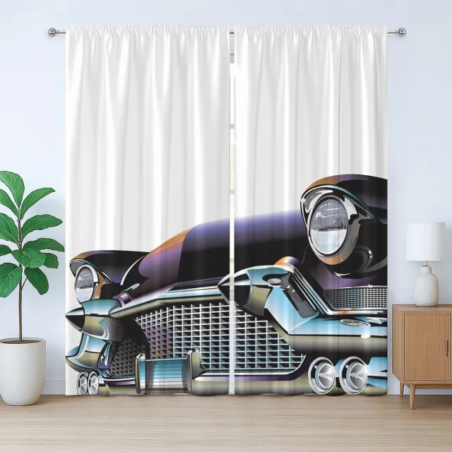 ABAKUHAUS Rustiek Autogordijn, Antiek Auto Design, met Banden, Lussen en Haken voor de Woonkamer, 280 x 260 cm, Zwart, Lichtblauw, Oranje