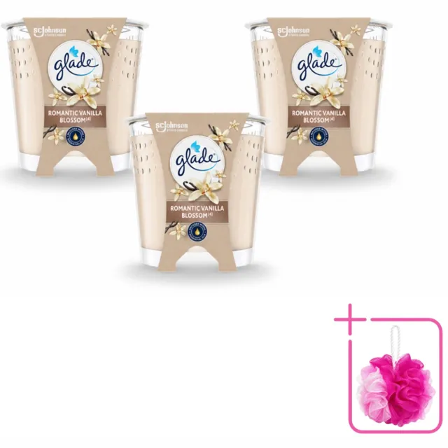 Glade 3 x Glade - Geurkaars Romantic Vanillebloesem - 100% Raapzaadwas & Vegan - 112 g - Bulkverpakking - Romantische kaars - Douchemop - Geurkaars crème