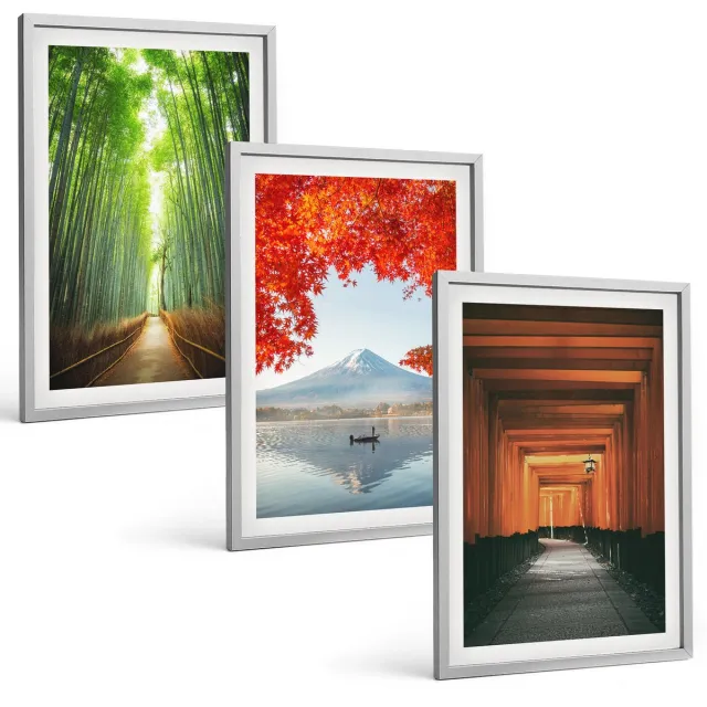TULUP 4-Delige Schilderij Set - Bamboebos, Mount Fuji, Torii-pad, Landschappen van Japan - 40 x 60 cm - Wanddecoratie - Woonkamer Decoratie - Stijlvolle Muurdecoratie zilveren lijst