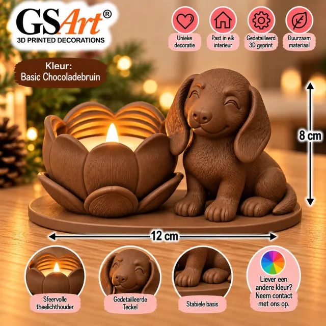 GSArt Theelichthouder Lotus Hond Teckel – Inclusief LED Theelichtje - Basic Chocoladebruin