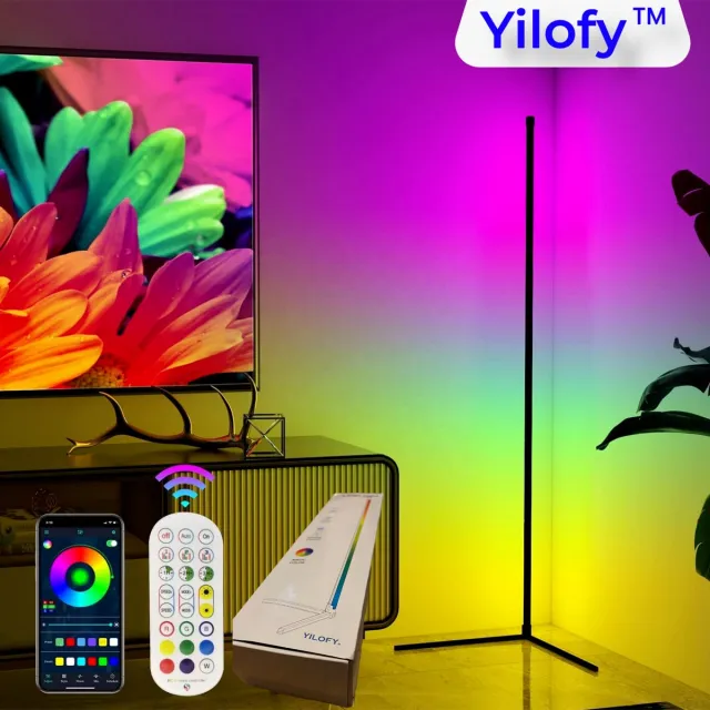 YILOFY XL Grote Variant Moderne LED Hoeklamp Bluetooth - Nieuw 2026 Model - Vloerlamp - Afstandbediening bestuurbaar- RGB - Dimbaar - Staande Lamp Multi-Color