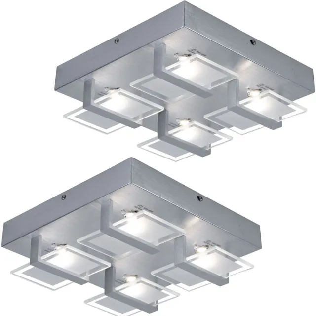 Globo Set van 2 plafondlampen Plafondlamp Woonkamerlamp Slaapkamerlamp, 4 vlammen, helder gesatineerd glas, 4x LED 5W 332 Lm 3200K, LxBxH 26x26x7.8cm zilver