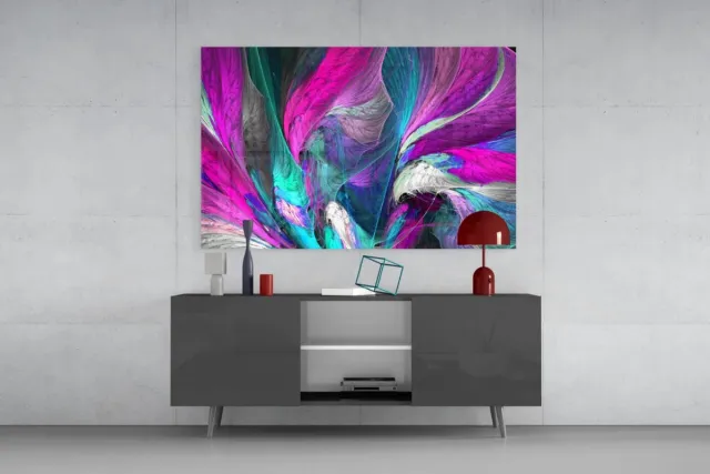 Insigne Art Glasschilderij – Vleugels van Kleur – Abstracte Moderne Kunst – Paars en Blauw Design - 72x46 cm Kleurrijk